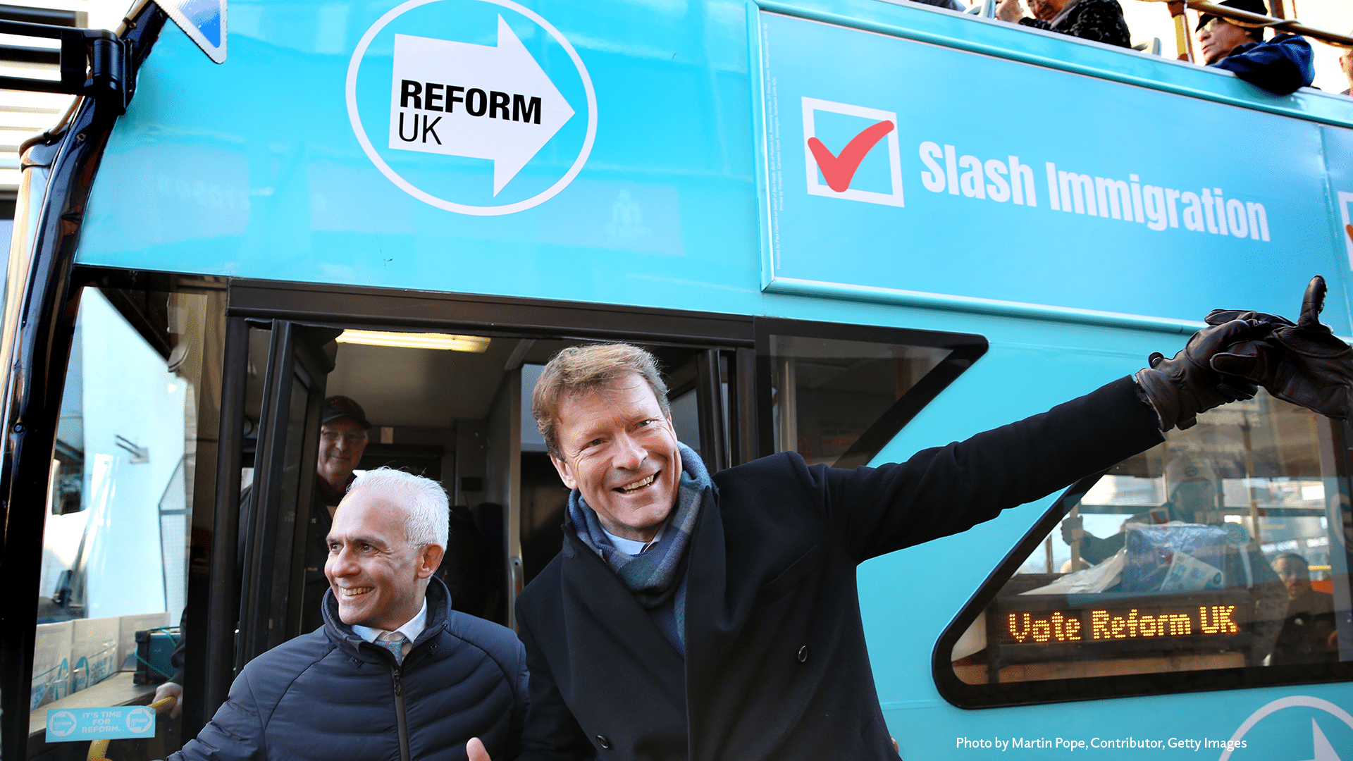 Ben Habib and Richard Tice in front of the Reform UK campaign bus.