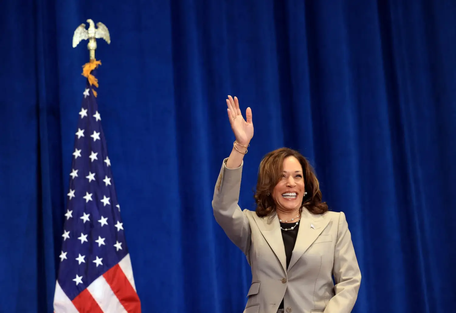 Kamala Harris waving to the crowd.